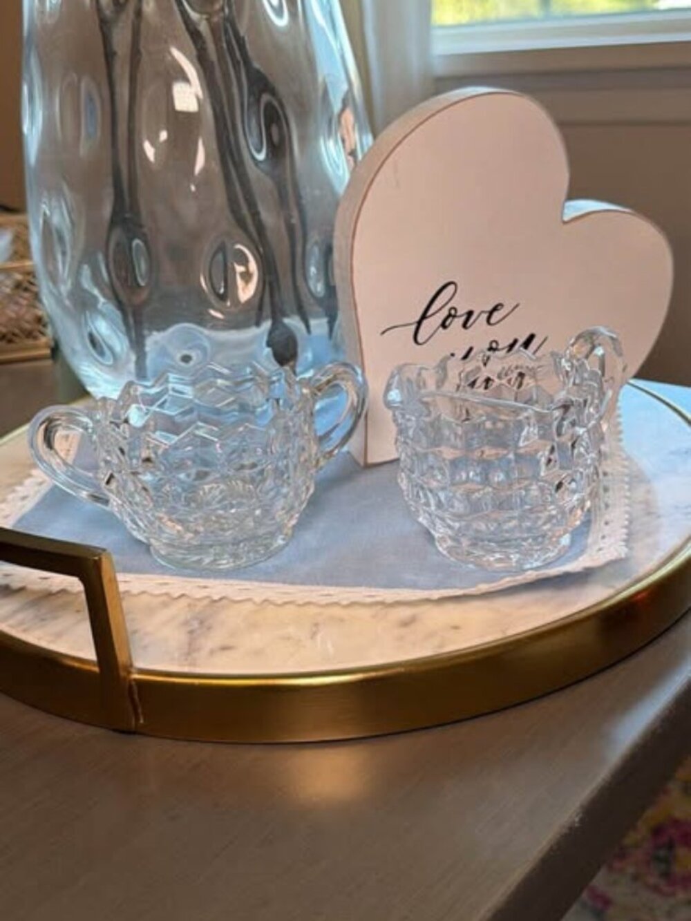 Vintage Diamond Cut Glass Creamer and Sugar Bowl Set